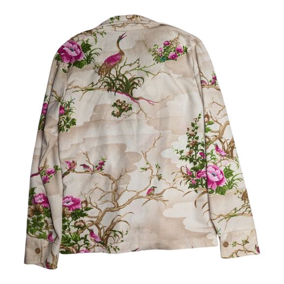 Vtg 1970s Georgee Originals Ivory Crane Branch Print Polyester Button Up Top L - Picture 2 of 4